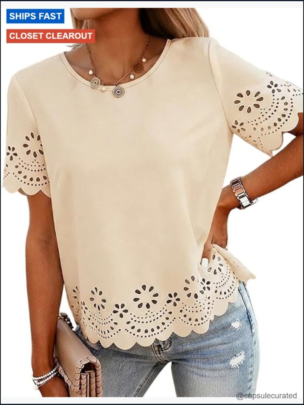 Women's Short Sleeve Eyelet Top with Scallop Trim Casual Blouse